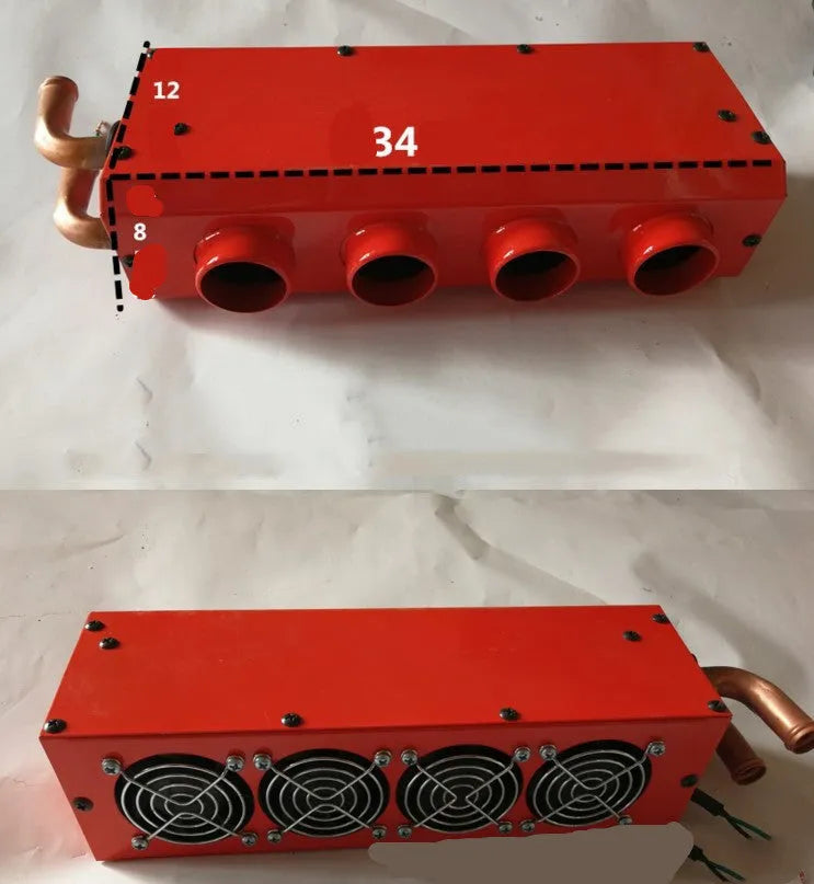 Metal car heater unit with four small copper pipe connectors for 12V/24V vehicle installation.