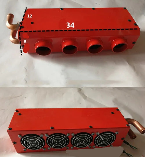 Metal car heater unit with four small copper pipe connectors for 12V/24V vehicle installation.