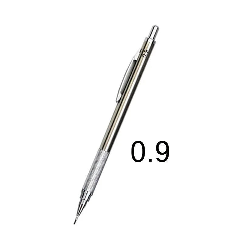 Metal automatic mechanical pencil with various lead specifications displayed