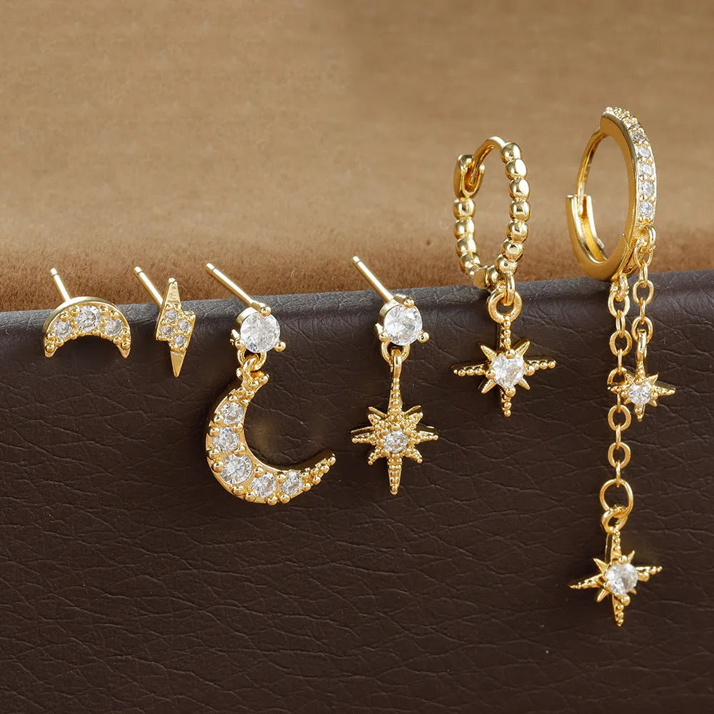 Six gold-plated zircon stud earrings with chain and tassel pendant designs for women