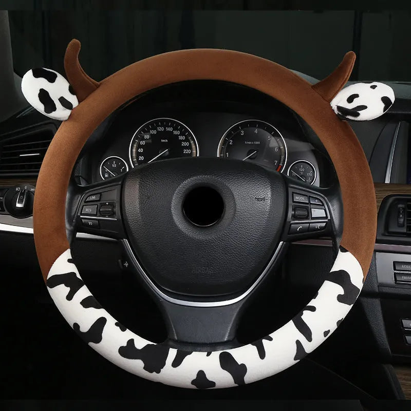 Short plush car steering wheel cover in black, 38cm diameter