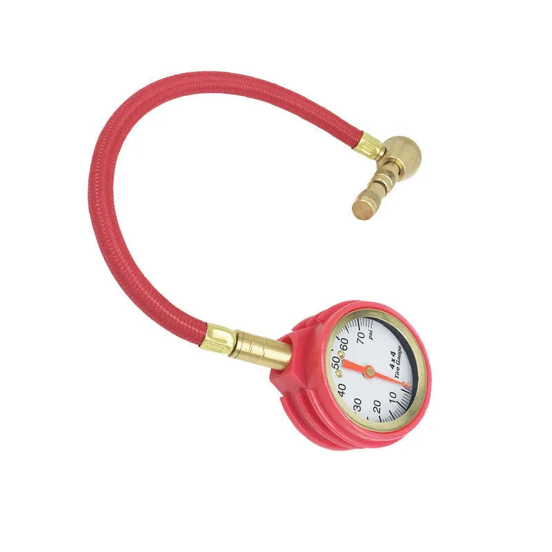 Red and black mechanical tyre pressure gauge for cars with rapid deflation feature and rubber shell