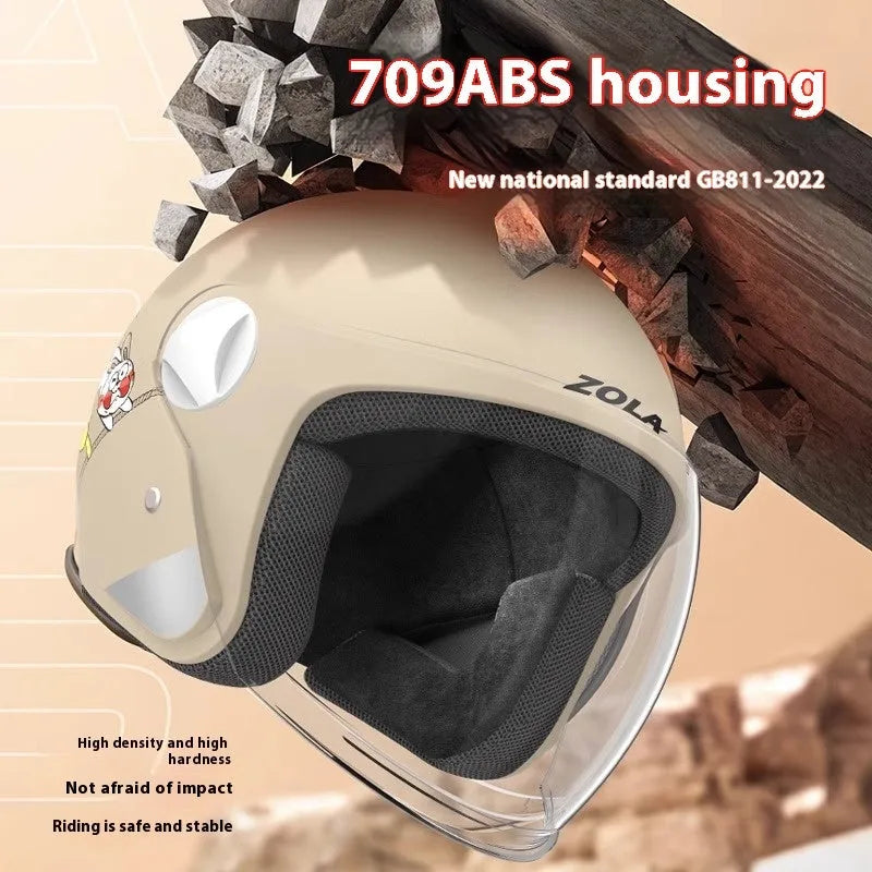 Adult electric bicycle helmet with attached winter scarf and anti-fog visor in blue colour