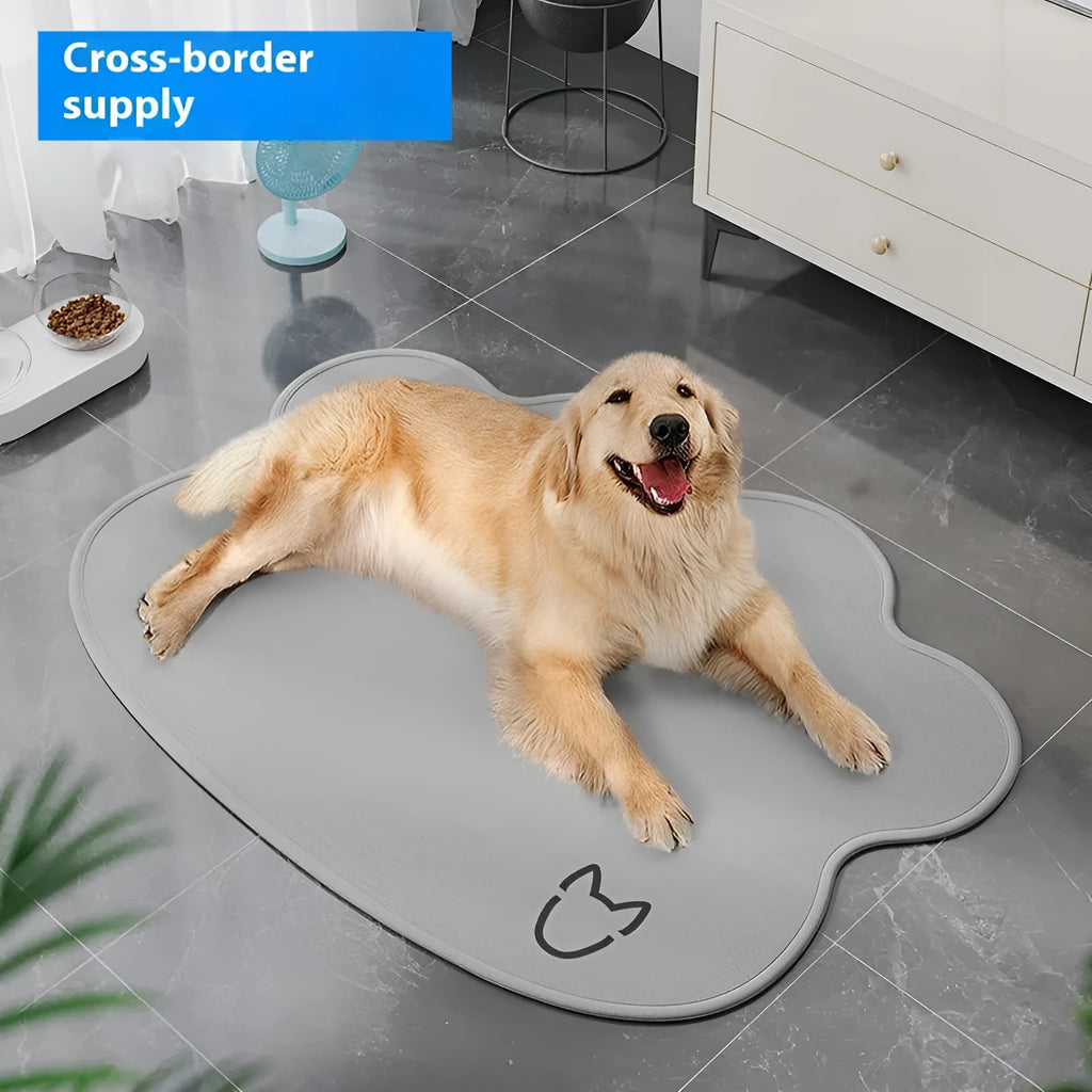 Dog head-shaped ice silk pet cooling mat on floor with non-slip base