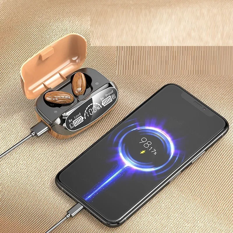 M35 wood grain Bluetooth headphones with charging case showing wood texture finish