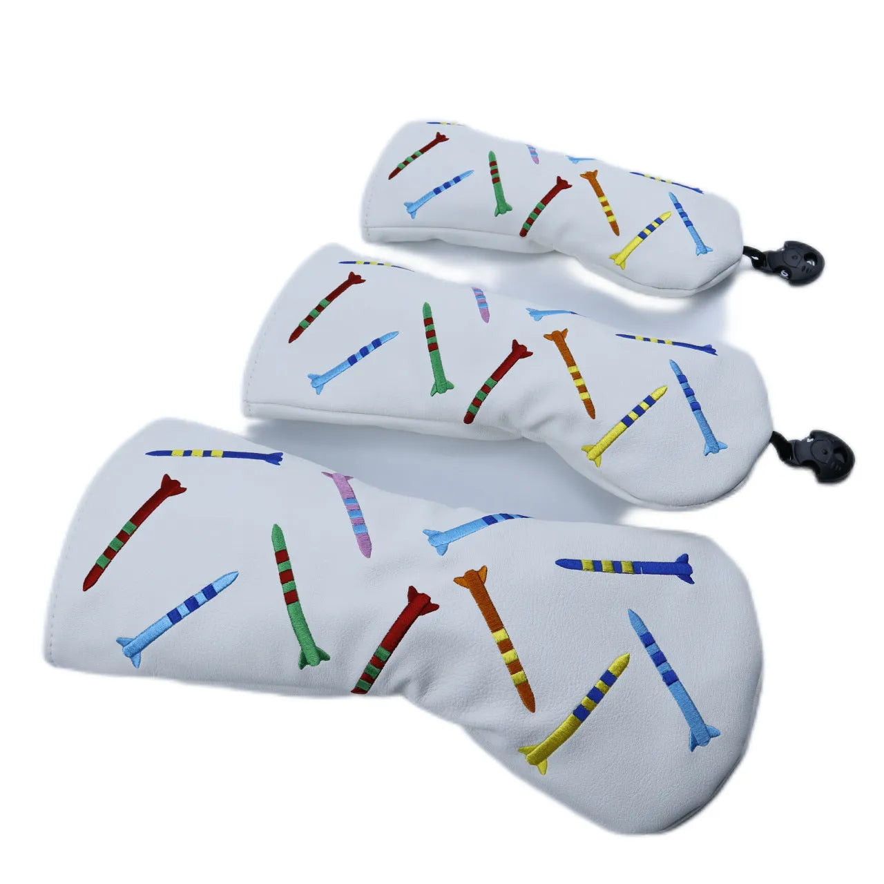Black and white golf club wooden pole sets in three sizes: large, medium, and small.