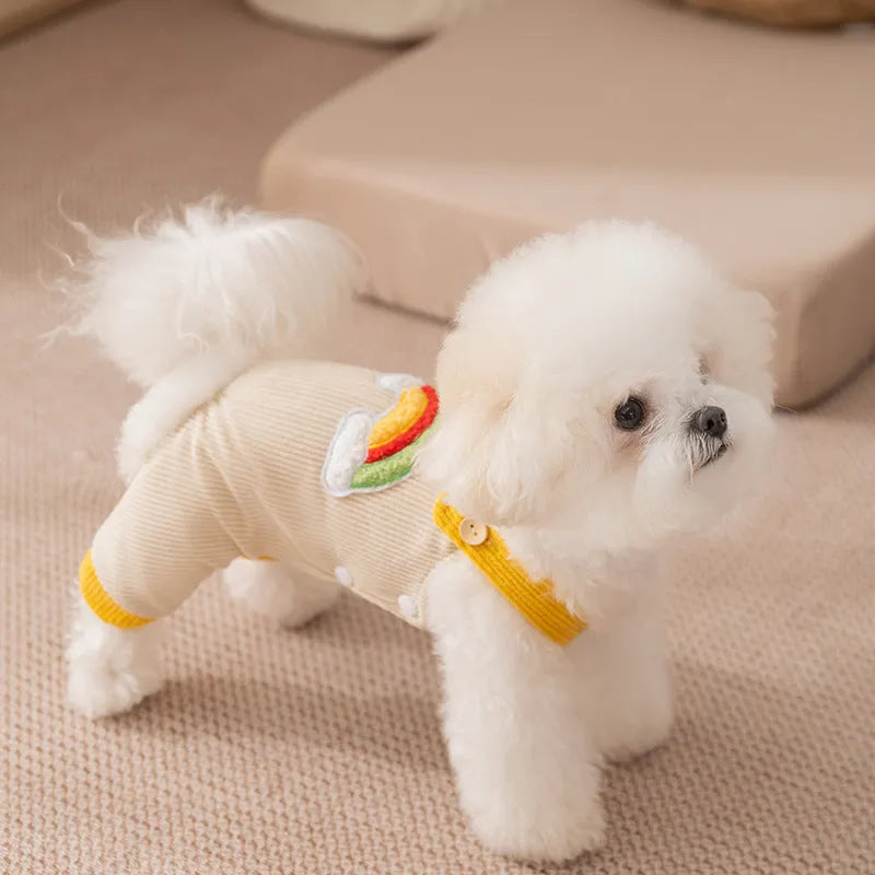 Dog jumpsuit in corduroy fabric with rainbow print, beige and brown options, for small dogs autumn winter