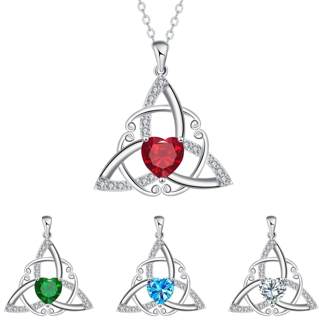 Geometric Celtic knot pendant necklace for women in a choice of blue, lvzuan, red diamond, or white diamond finish.