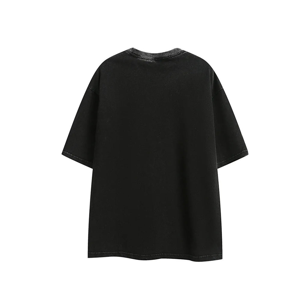 Retro embroidered washed cotton T-shirt in purple and black colours with half-sleeve design