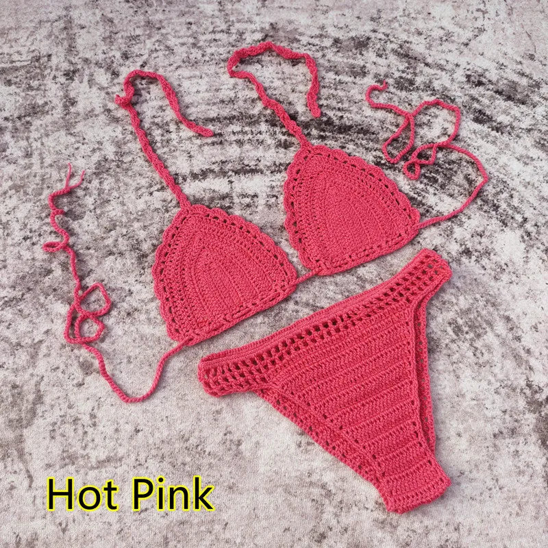 3-piece crochet bikini swimsuit set with matching beach skirt in solid colour