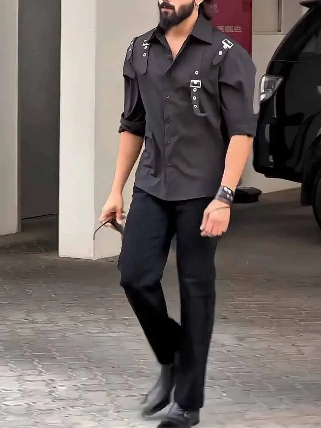 Men's black utility-style button-up shirt with regular fit on mannequin