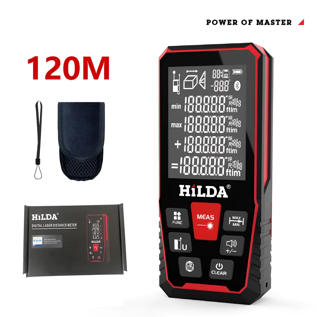 A handheld plastic laser rangefinder for measuring distances up to 120 metres, shown on a table.