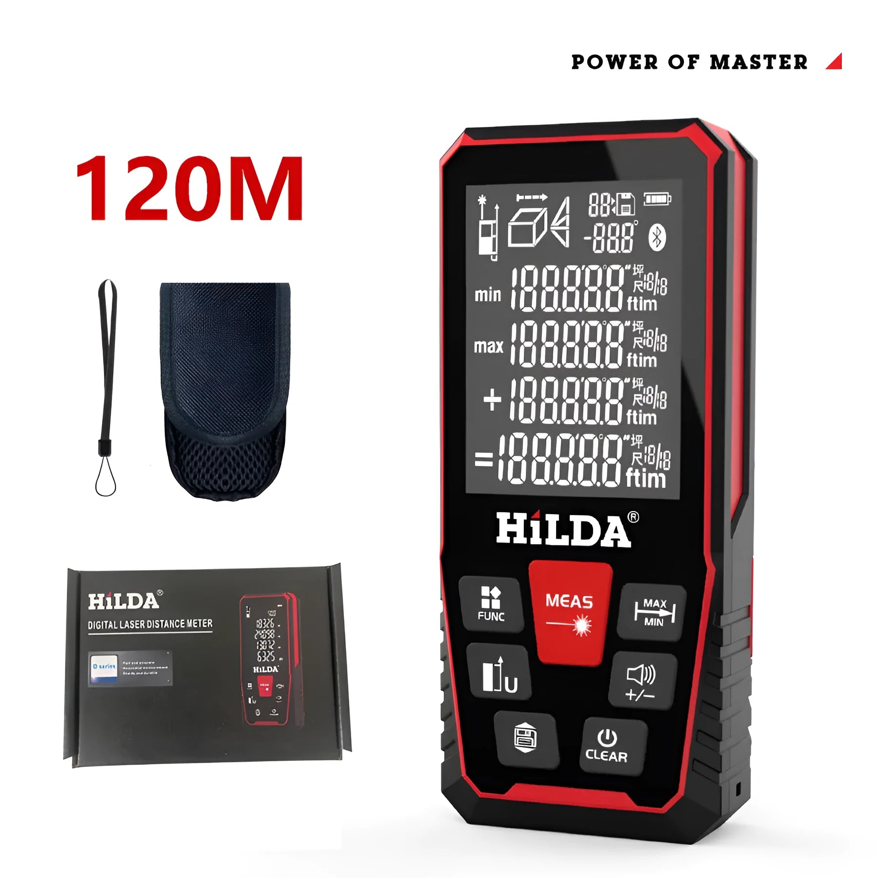 A handheld plastic laser rangefinder for measuring distances up to 120 metres, shown on a table.
