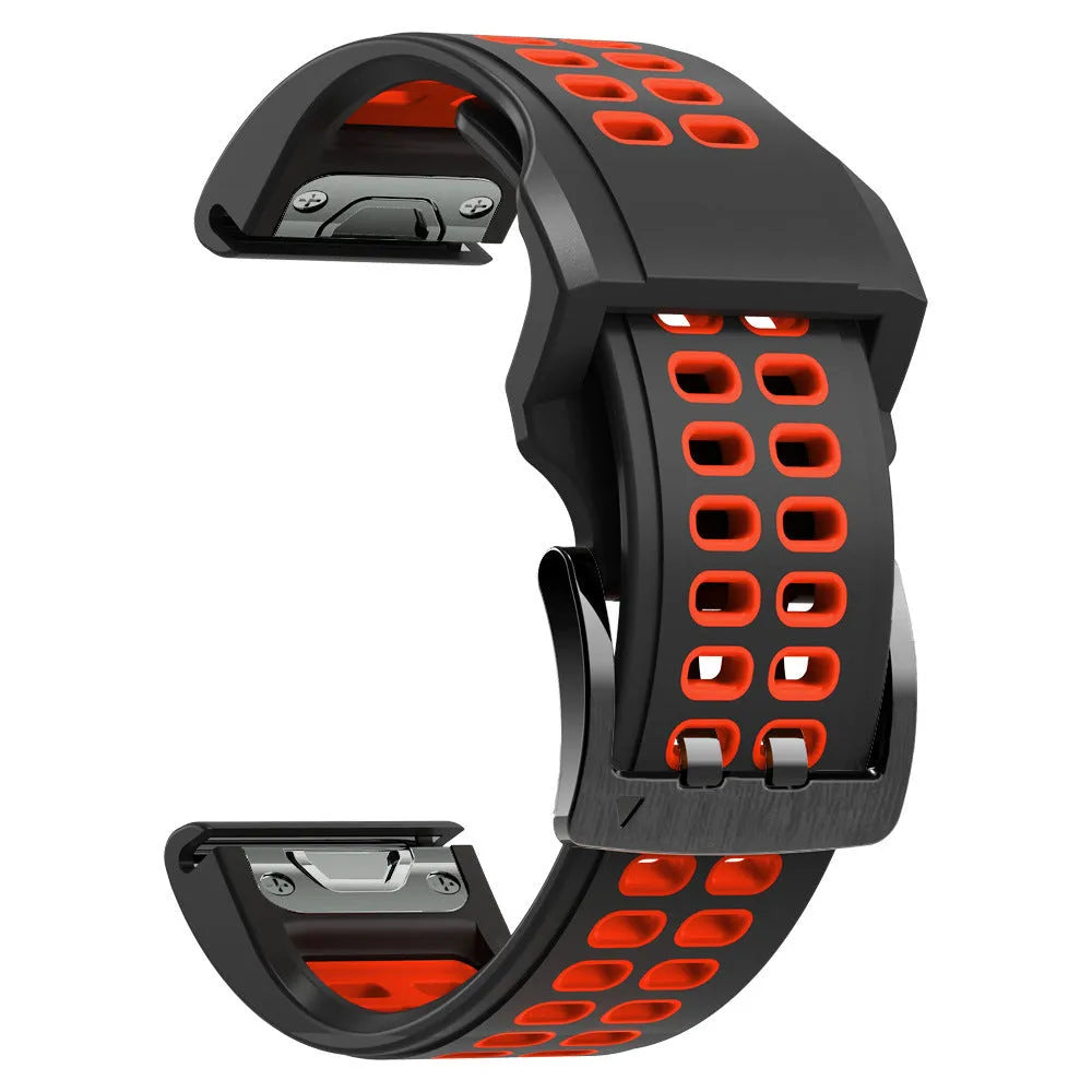Two-tone quick-release silicone watch strap with pin buckle in black and orange colour