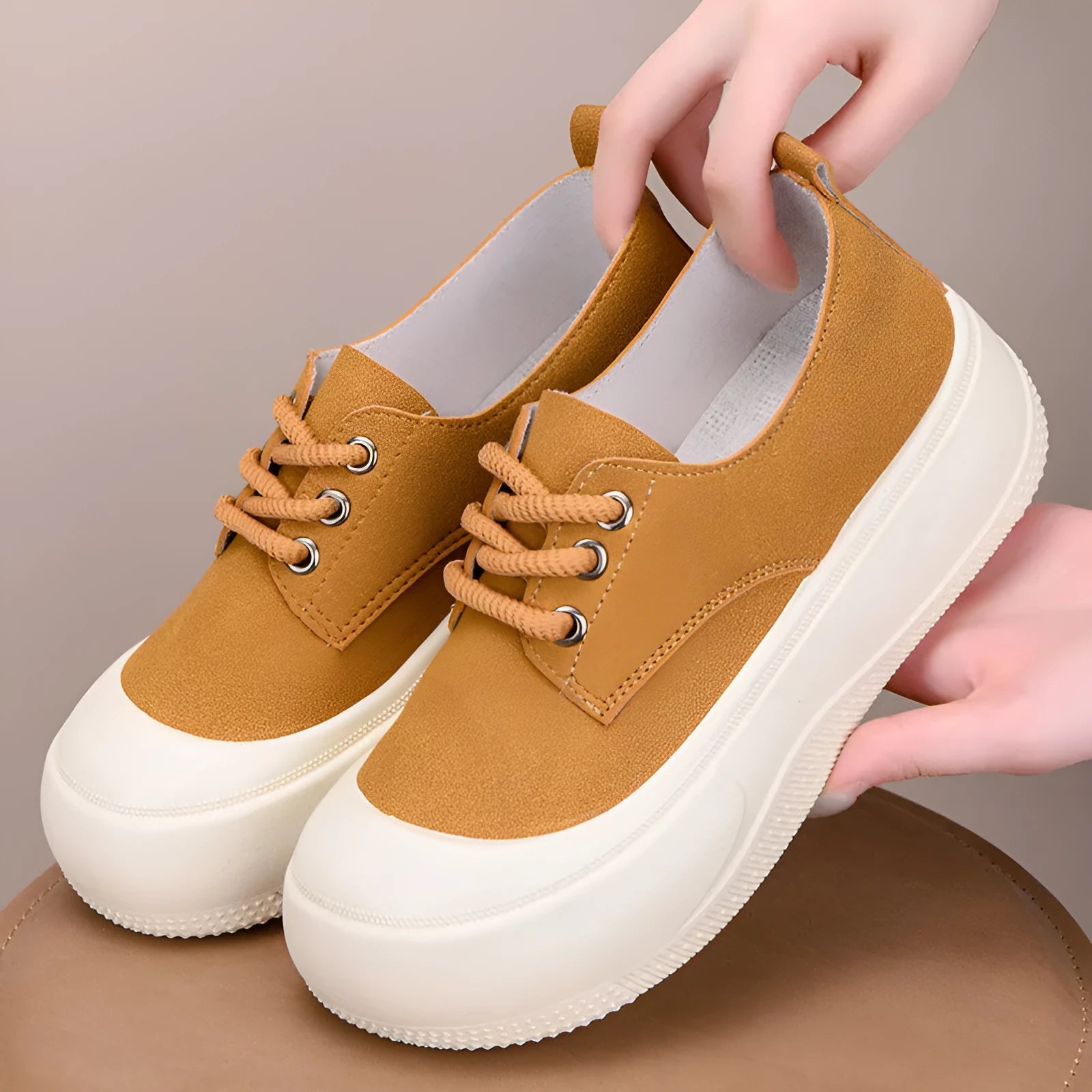 Women's suede leather platform loafers with 4cm height increase and round toe design in camel colour