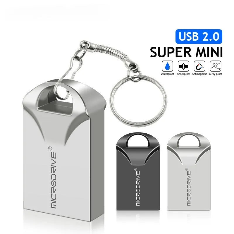 Mini high-speed metal USB flash drive in black or silver, showing compact 23x12x8mm size