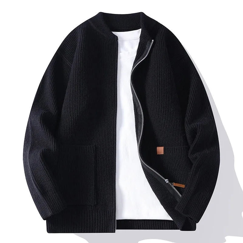 Men's striped sweater cardigan jacket in chemical fibre blend with zip-up front