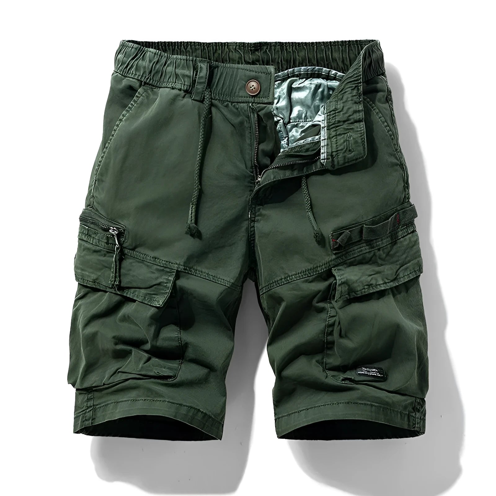 Men's army green cotton shorts with zip and multiple pockets, knee-length Korean style.