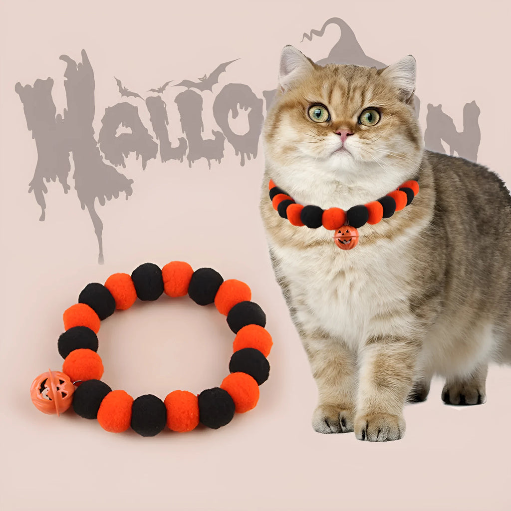 Black and orange Halloween cat collar with a trick or treat pumpkin graphic, shown in small, medium, and large sizes.