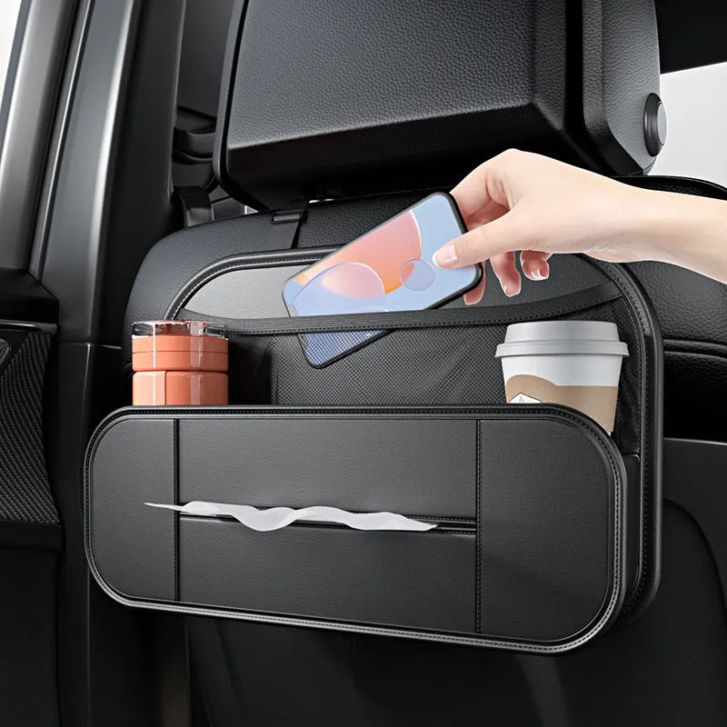 Black leather car seat storage bag with dimensions 36cm wide by 8cm tall by 24cm deep