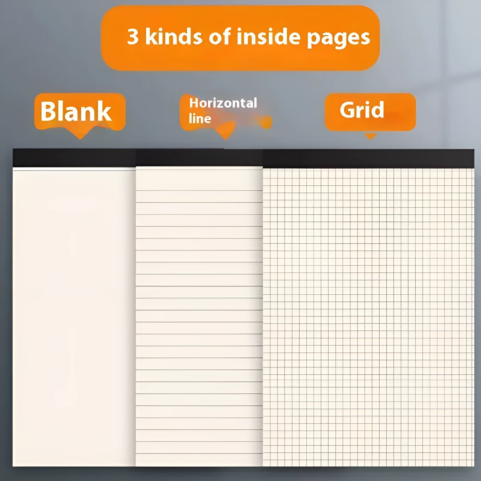 Writing pads in A4 A5 B5 sizes with 80 sheets, available in lines grid or blank page styles