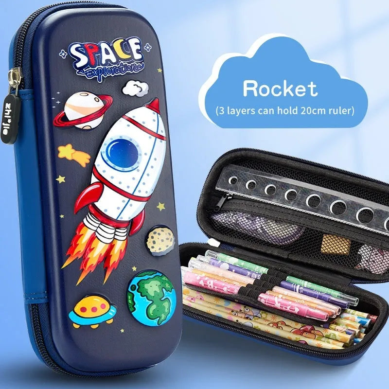 3D leather pencil case with embossed holographic character design showing textured surface detail