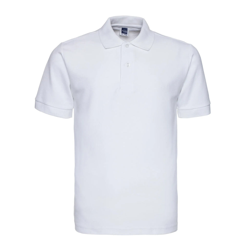 Plus size short sleeve polo shirt in loose cotton blend fabric shown in multiple solid colours