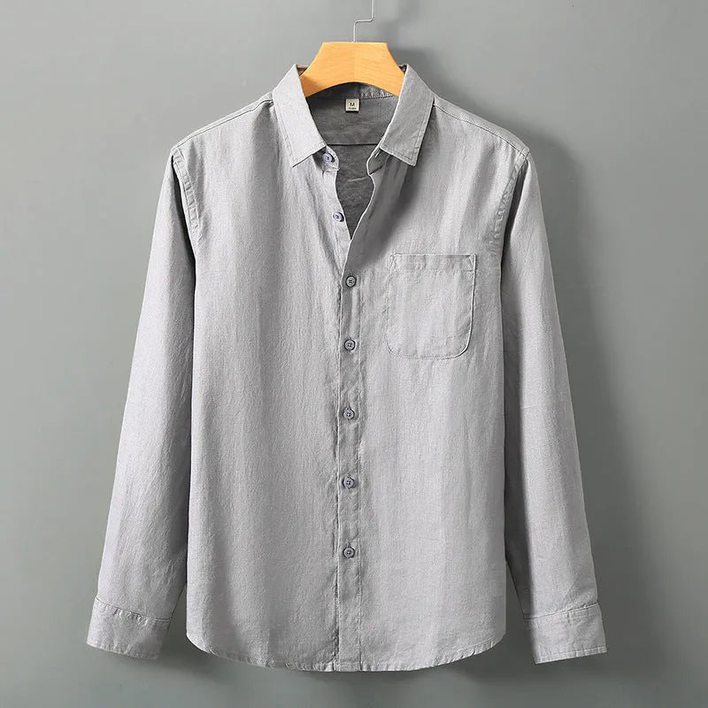 Long sleeve loose fit linen shirt in a solid colour, styled as a Chinese cardigan.