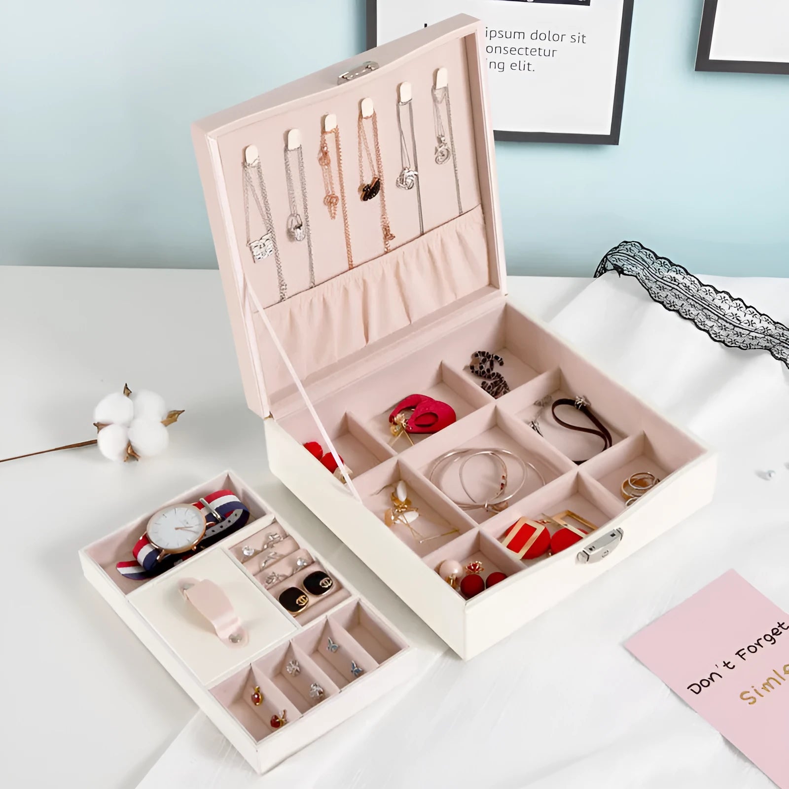Large capacity red jewellery storage box with compartments for necklaces and rings