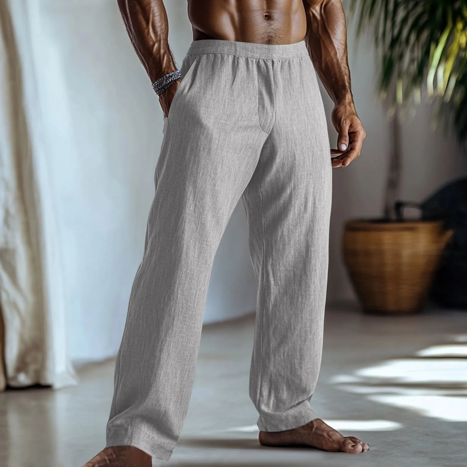 Men's straight-leg casual trousers in a cotton linen blend, shown in a solid colour with side pockets visible.