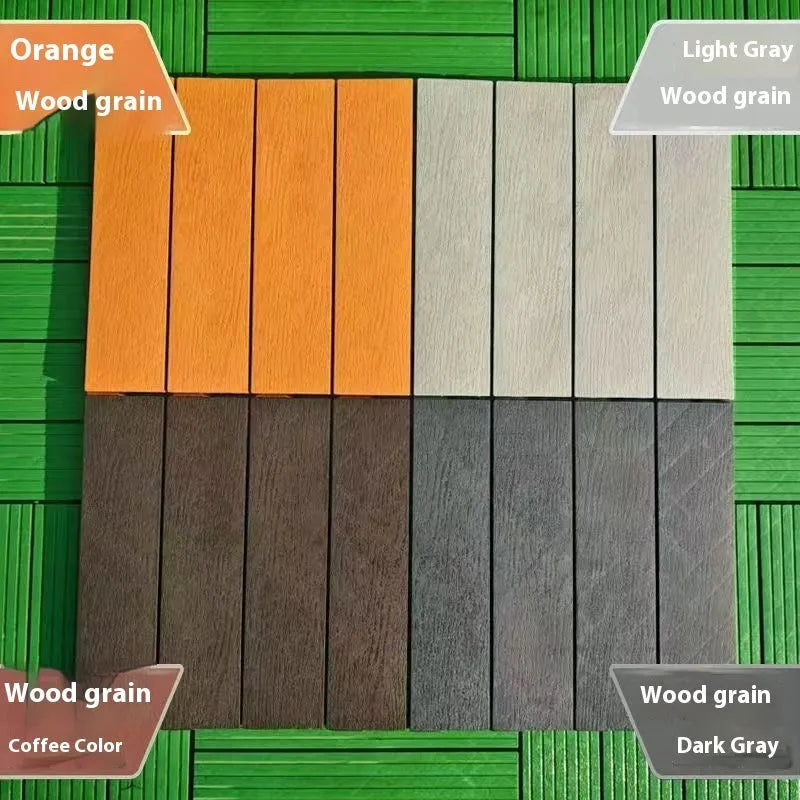 Wood grain plastic floor tiles in brown, grey and orange colours showing non-slip texture