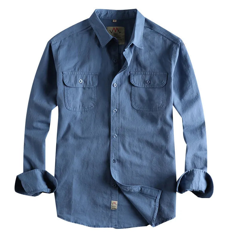 Men's solid colour cotton cardigan shirt with long sleeves in light blue.