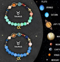 Natural stone beaded zodiac bracelets on elastic cord showing astrological symbols for twelve star signs