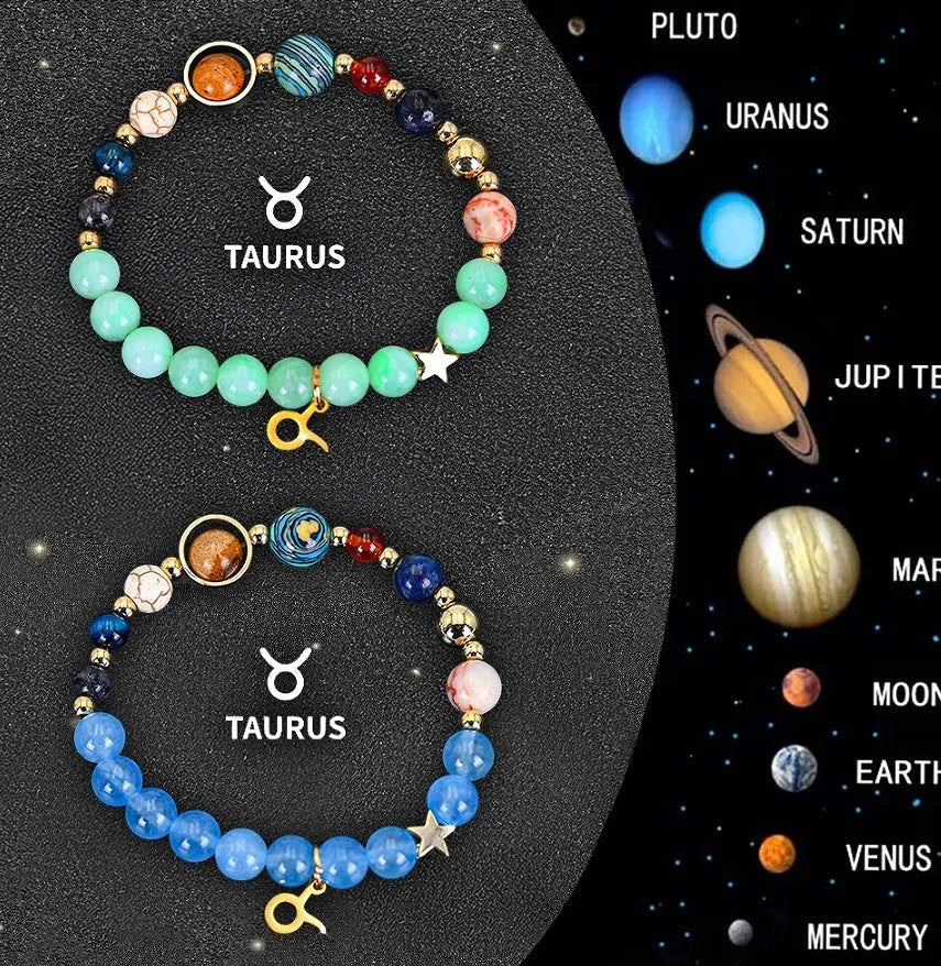 Natural stone beaded zodiac bracelets on elastic cord showing astrological symbols for twelve star signs