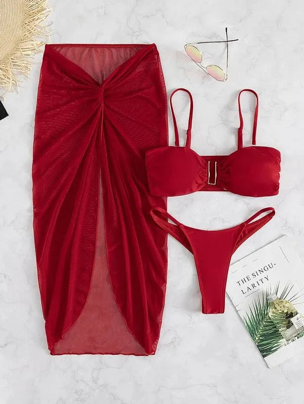 Women's multicolour bikini three-piece set with long culottes French style swimsuit