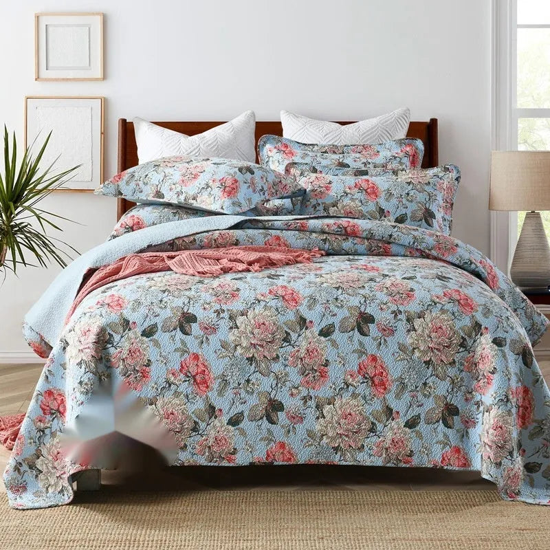 Pure cotton bedspread three-piece set with geometric print pattern showing bed cover and pillowcases