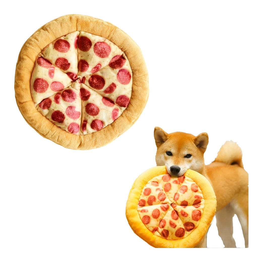 Yellow pizza slice shaped dog chew toy with textured pepperoni and crust details