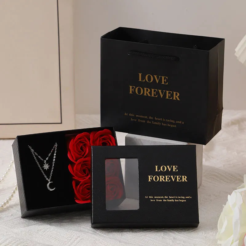Red soap flower rose gift box set with decorative handbag for Valentine's Day.
