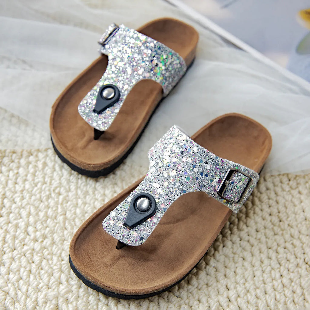Cork flip-flops in gold with frosted finish and non-slip sole