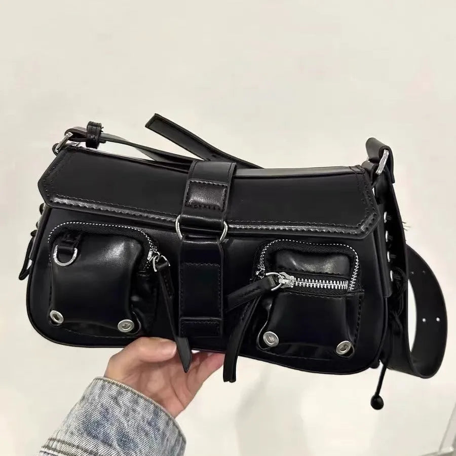 Black PU women's messenger bag with adjustable shoulder strap showing zippered compartment