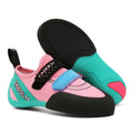 Beginner rock climbing shoes with Velcro strap in black and red colour.