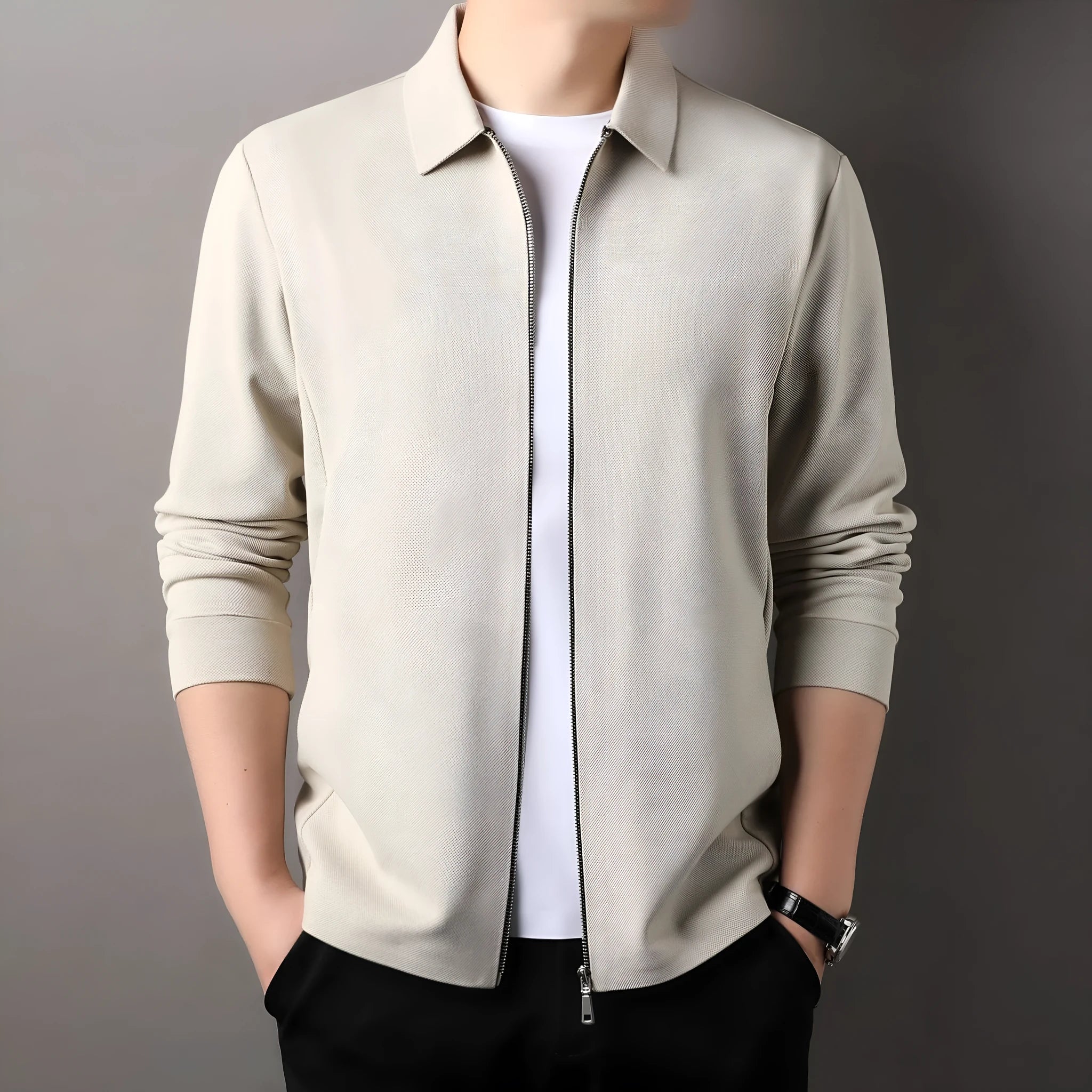 Men's apricot-coloured polyester casual business jacket with long sleeves and a straight hem.