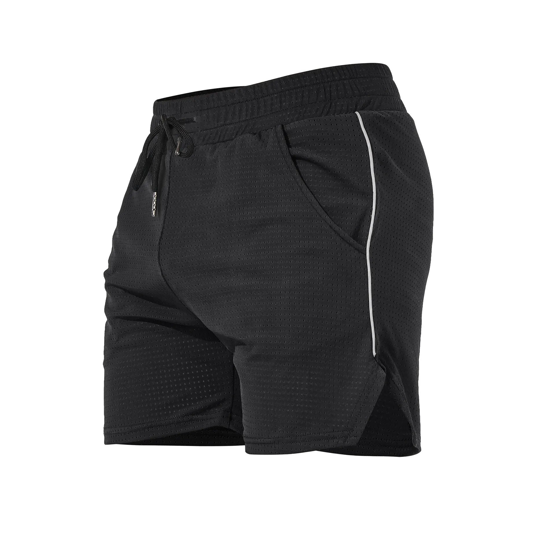 Men's black polyester straight-leg fitness shorts laid flat, showing sports style.