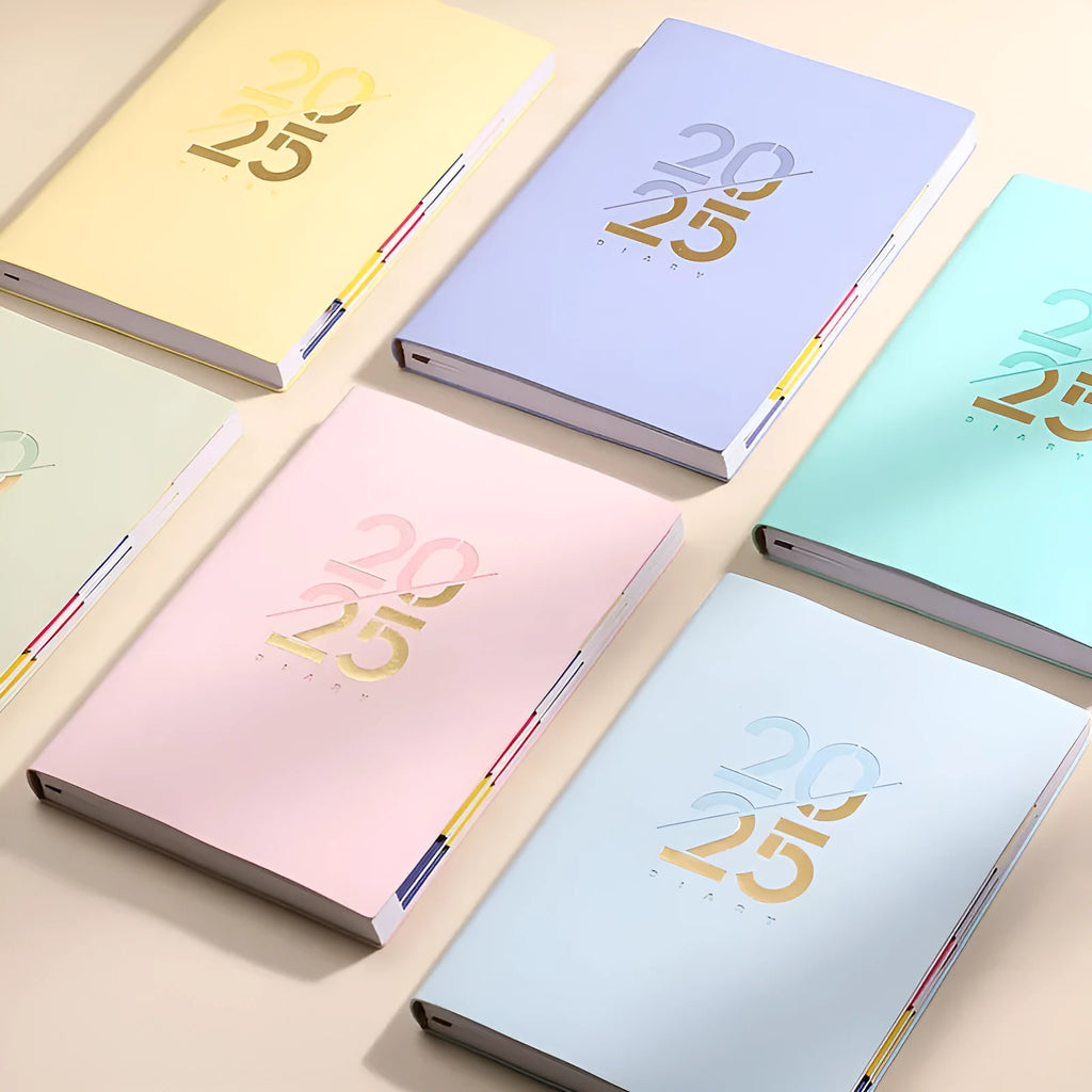 2025 A5 daily planner with faux leather cover showing colour options and open pages