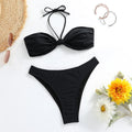 Black women's bikini set with lace-up front tube top and briefs.
