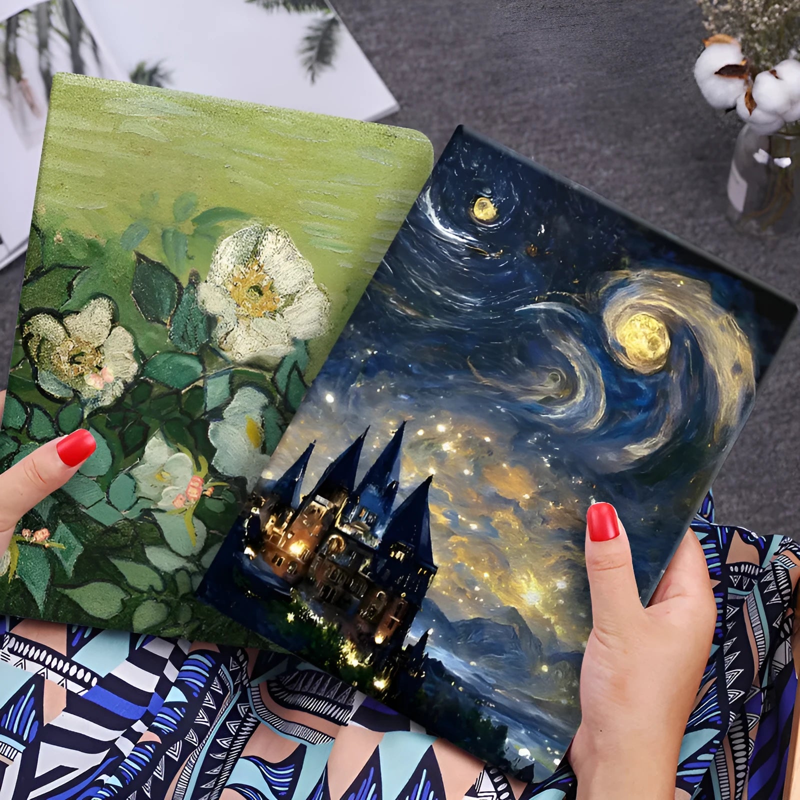 Handmade liquid silicone flip case for iPad with a floral oil painting design on the cover.