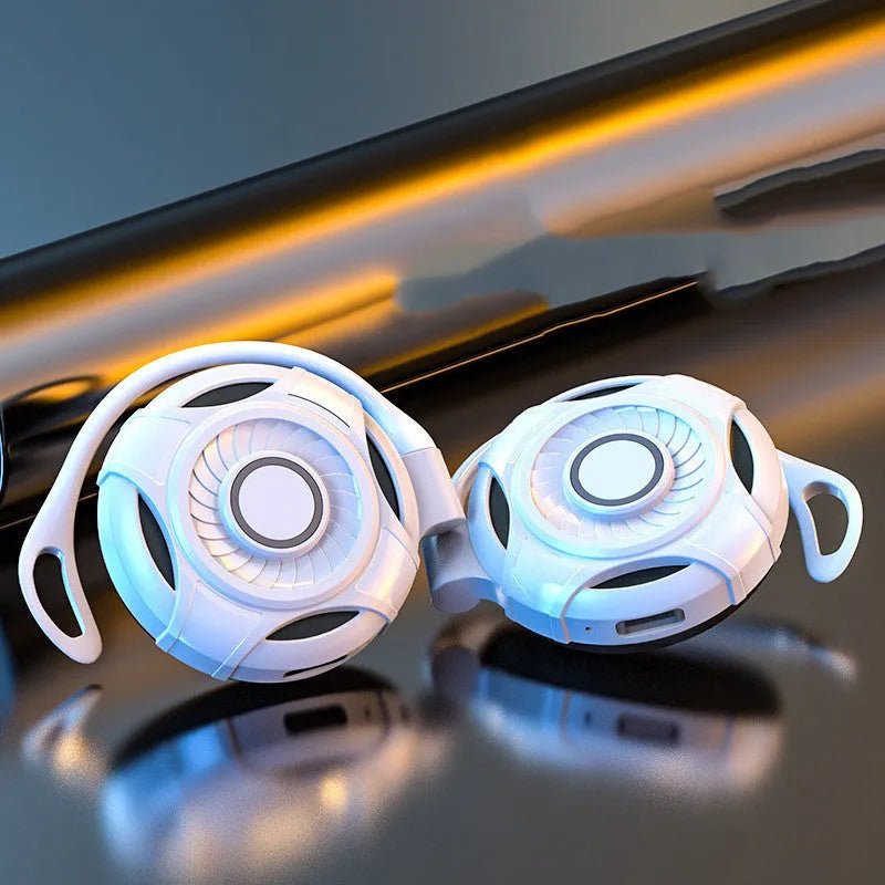 Black wireless Bluetooth earphones with hanging ear design for gaming