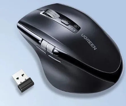 Black wireless Bluetooth dual mode silent mouse with side silicone finger rest for laptop office use