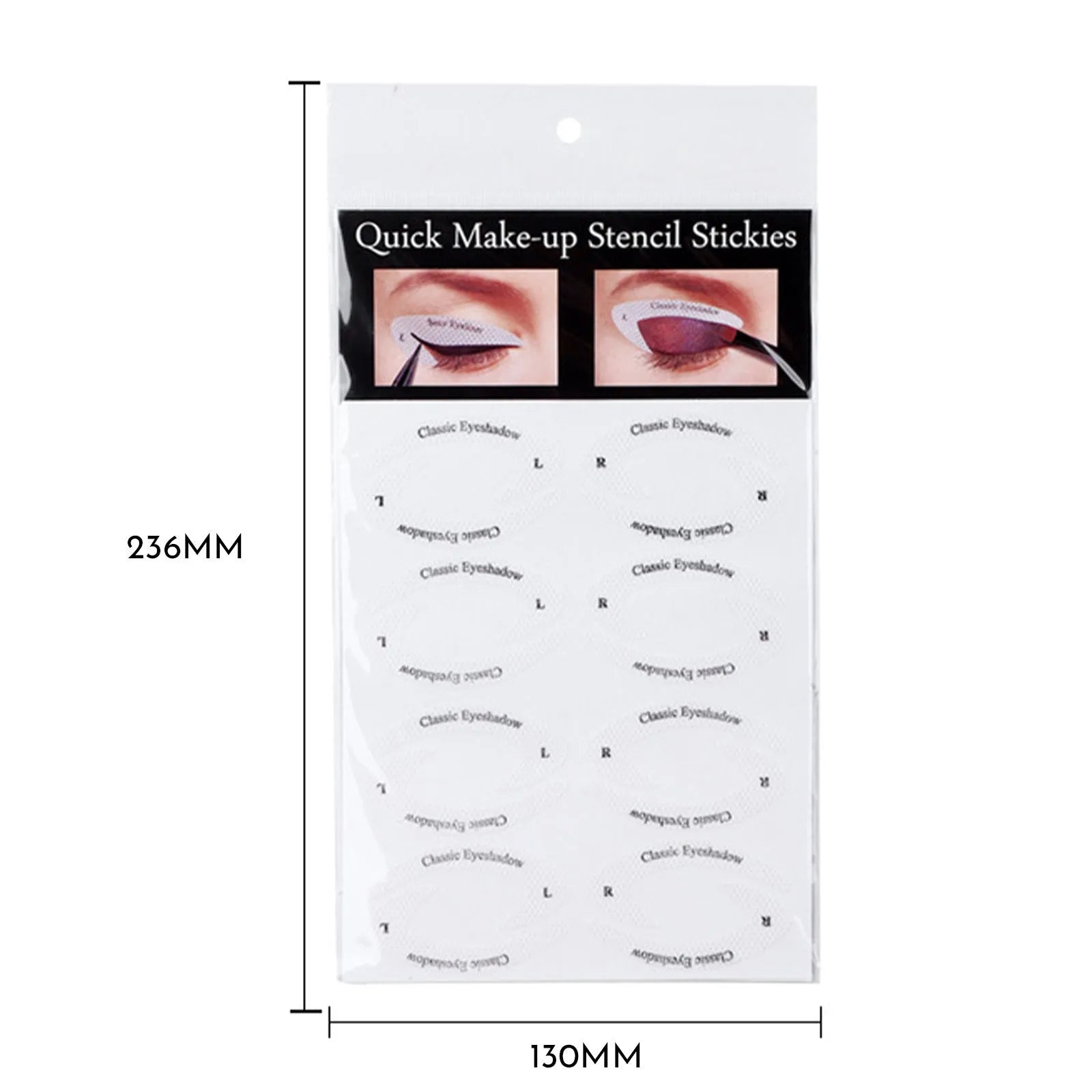 Set of four reusable flexible eyeliner and eyeshadow makeup stencil templates on a pink background.