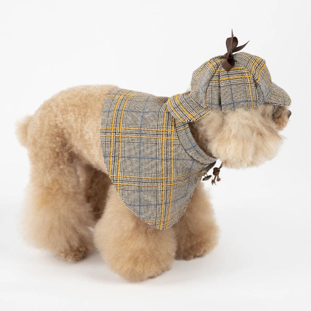 Camel coloured cotton pet cloak with adjustable hood shown in personalised spring and autumn pet clothing